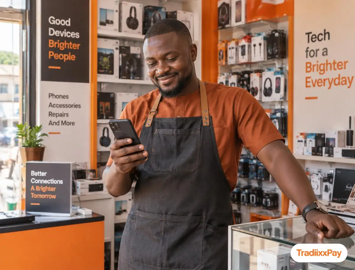 A Nigerian shop owner checking his TradiixxPay payments